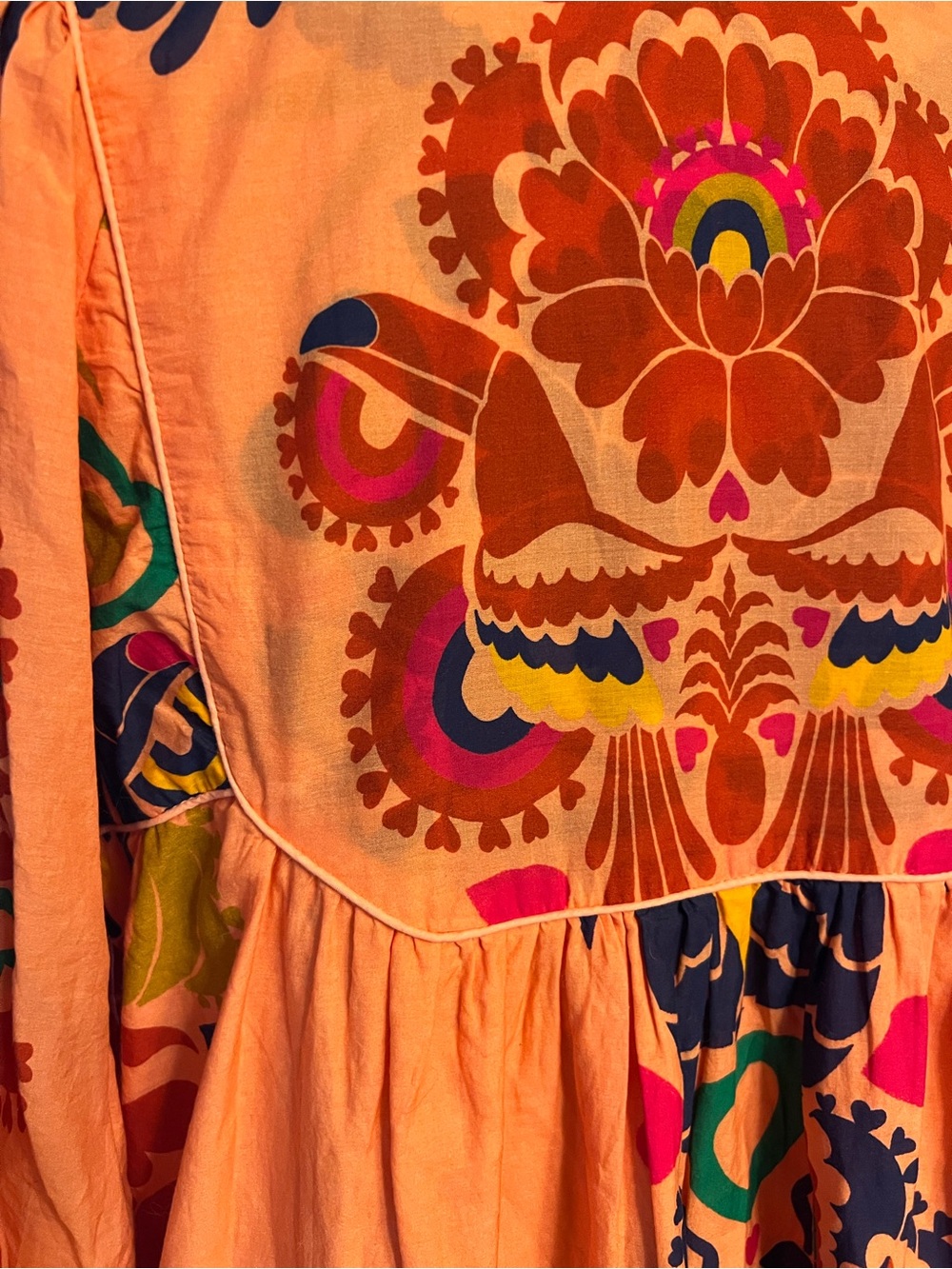 Bright Coral Embroidered Boho Midi Dress 100% cotton - Picture 7 of 15